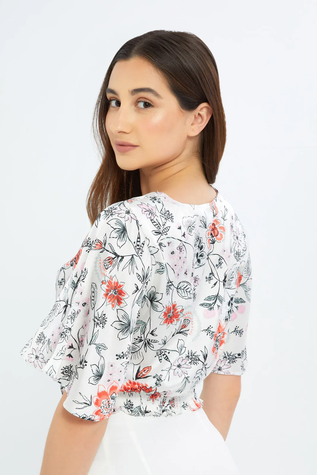 Women White Printed Satin Crop Blouse