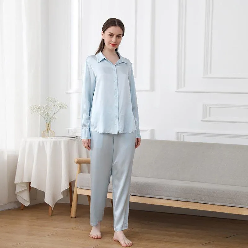 Womens 100% Pure Silk  Pyjamas Set Long Sleeves Solid Color  Silk Sleepwear