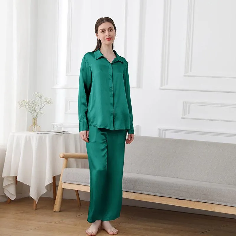 Womens 100% Pure Silk  Pyjamas Set Long Sleeves Solid Color  Silk Sleepwear