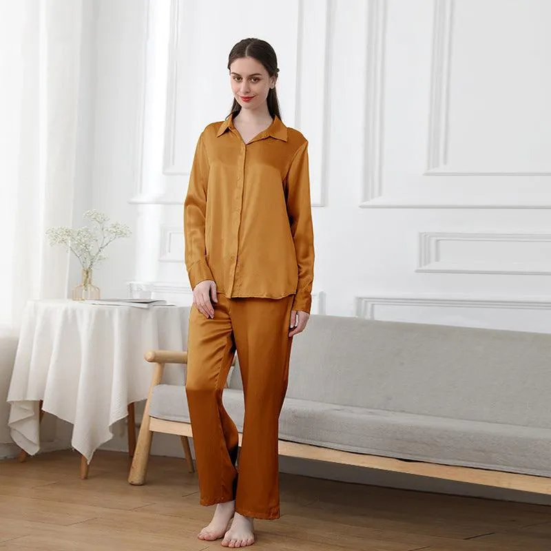 Womens 100% Pure Silk  Pyjamas Set Long Sleeves Solid Color  Silk Sleepwear