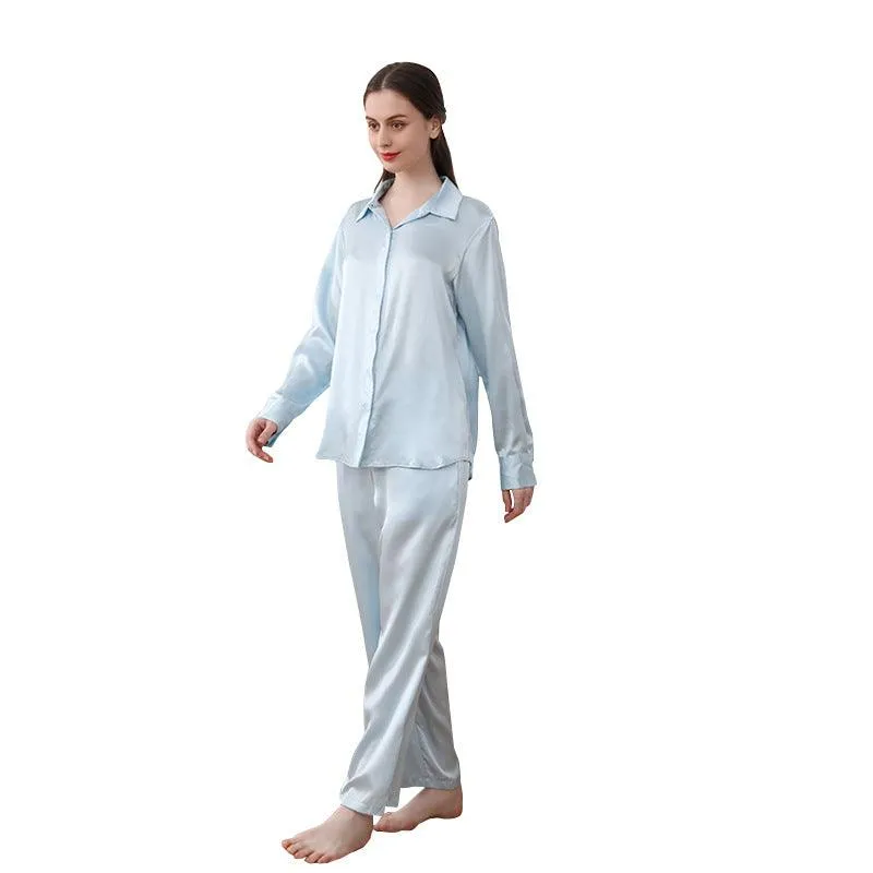 Womens 100% Pure Silk  Pyjamas Set Long Sleeves Solid Color  Silk Sleepwear