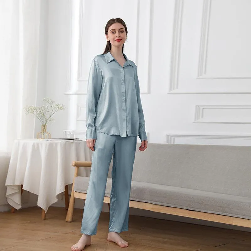 Womens 100% Pure Silk  Pyjamas Set Long Sleeves Solid Color  Silk Sleepwear