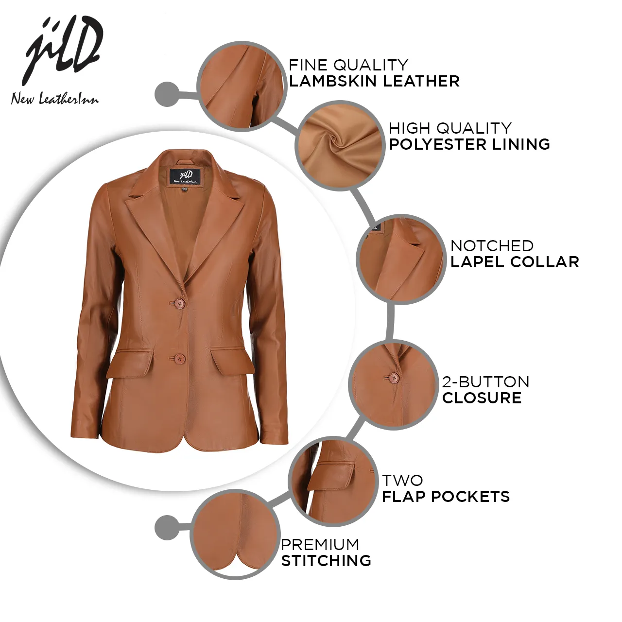 Women's Jild Classic Lambskin Cognac Leather Blazer