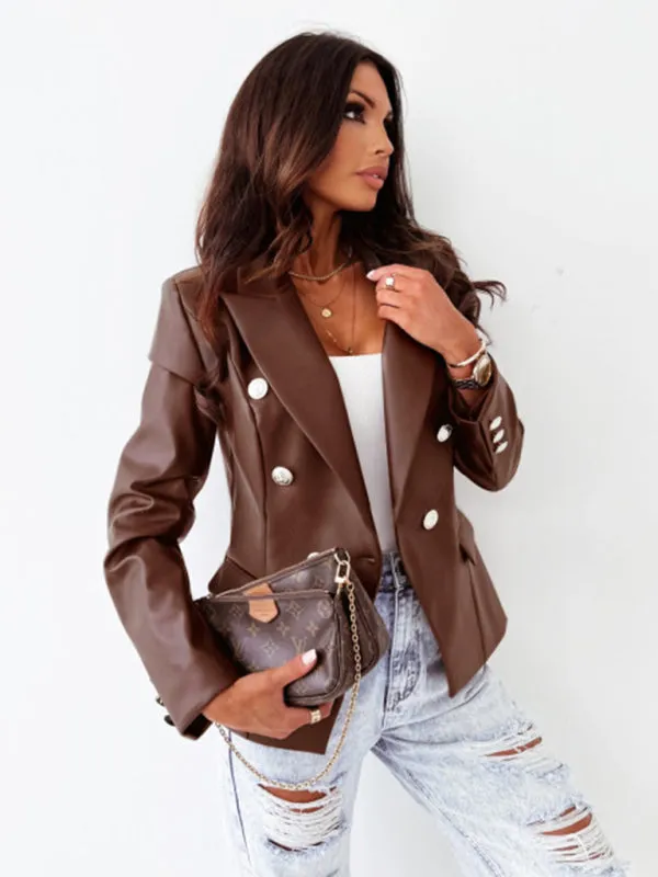 Women's new long-sleeved double-breasted fashionable PU leather suit