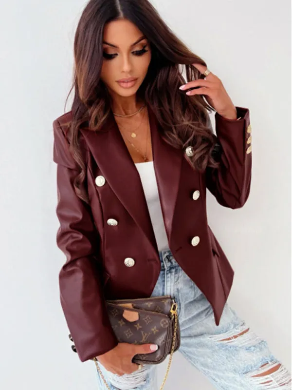 Women's new long-sleeved double-breasted fashionable PU leather suit