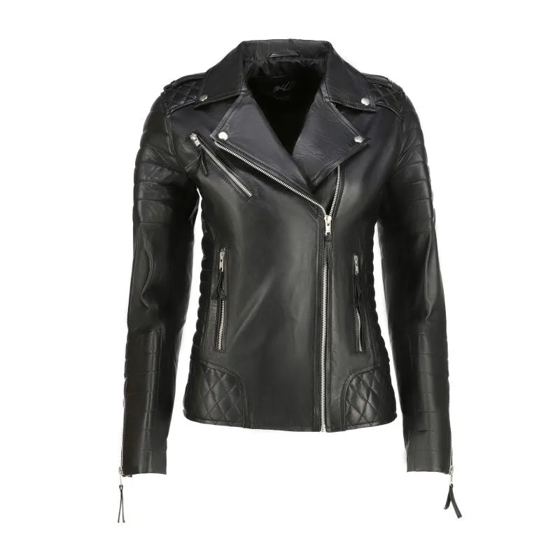 Women's Quilted Sleeves Black Leather Biker Jacket