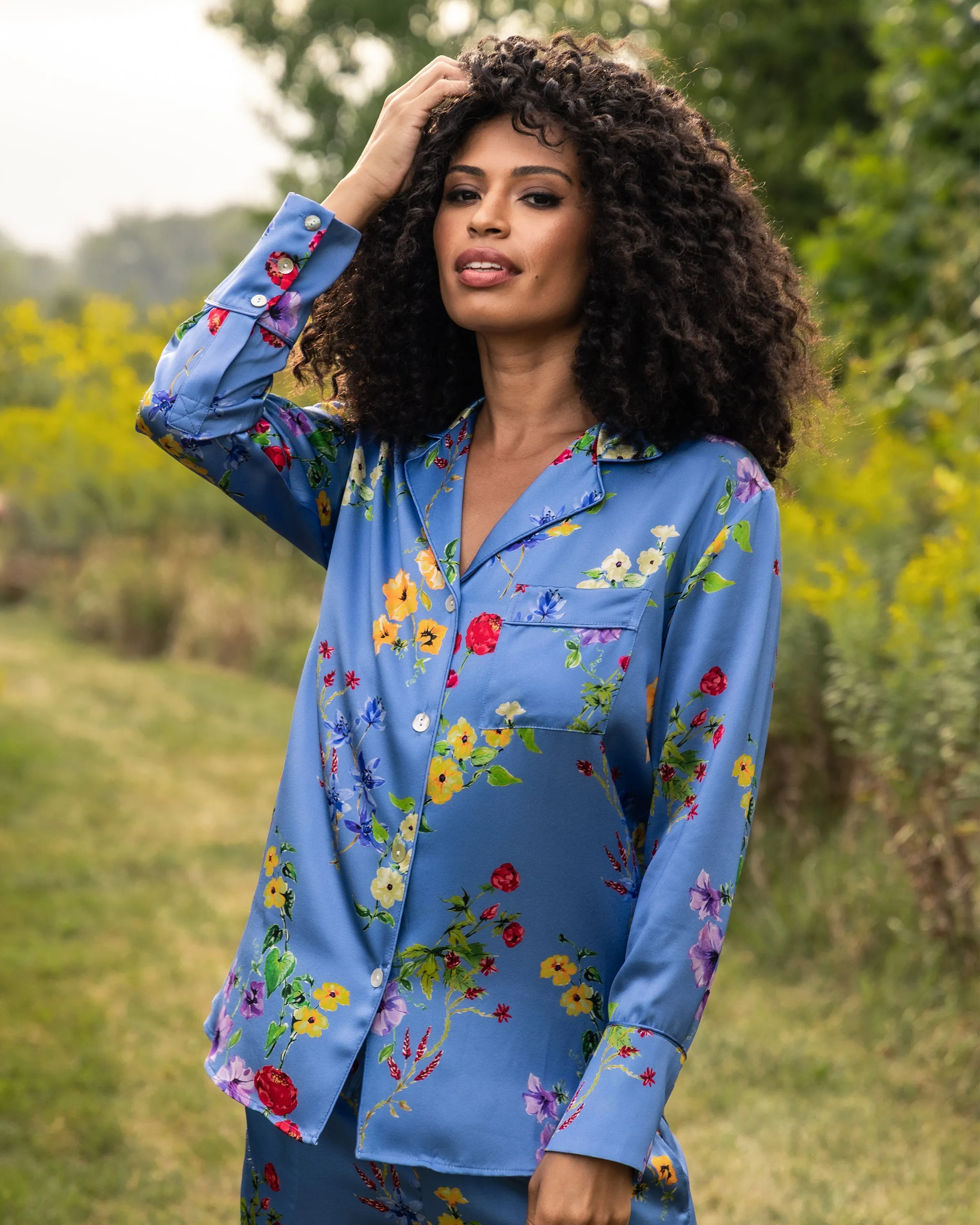 Women's Silk Pajama Set in Brilliant Botanical Azure