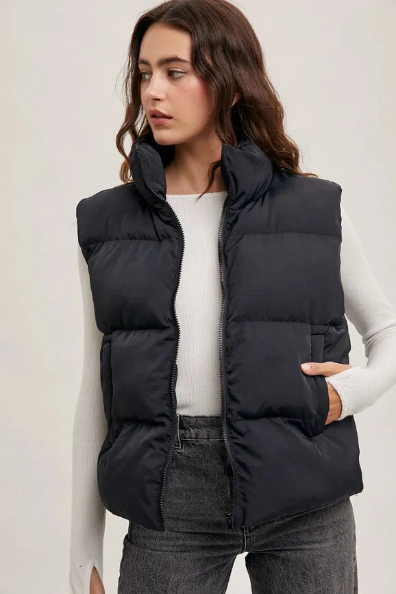 Zipper Front Puffer Vest Black